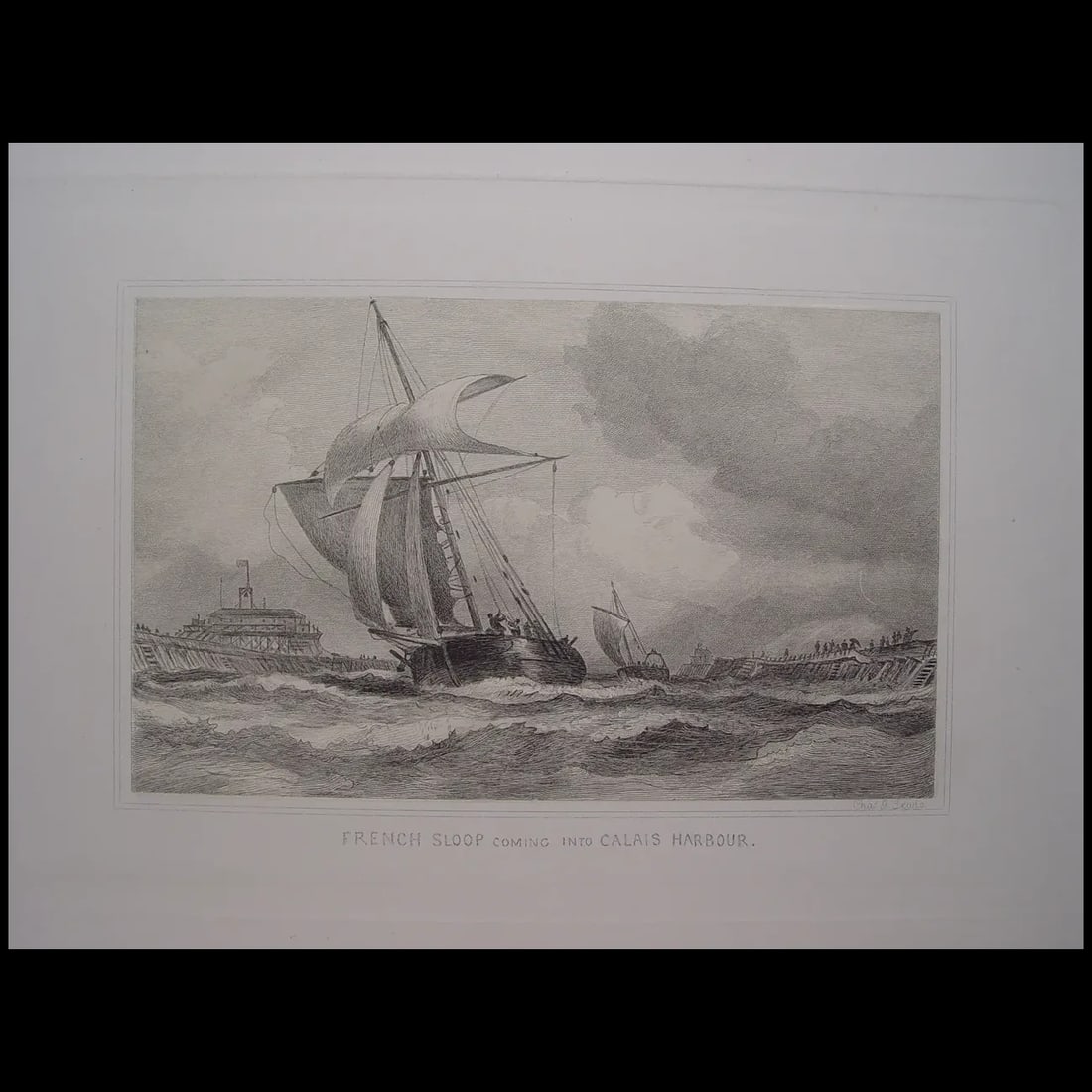 French sloop coming into Calais Harbour, France - Antique engraving: French sloop coming into Calais Harbour. Engraver: Charles George Lewis (13 June 1808 – 16 June 1880). Production date: XIX century. Plate mark: 16,5x24 cms. Condition: good Reserve: $50.00 Ship