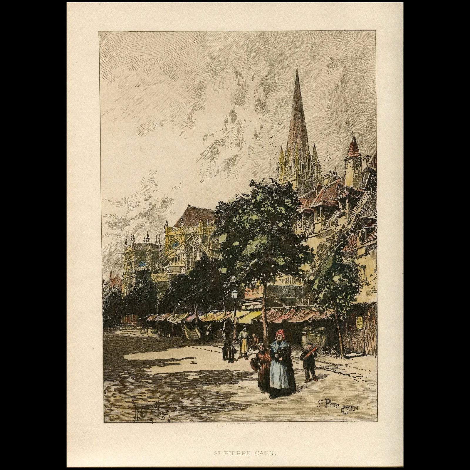 Church of St. Pierre at Caen (France). Antique engraving.: Title: St. Pierre, Caen. Engraver: unknown. Description: antique coloured engraving. Sign illegible. Image size: 25x17,5 cms. Production date: probably 20th century. Condition: good. Reserve: $90.00 S