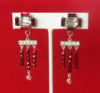 Pair of Vintage Deco Red Crystal Screw Back Earrings: Pair of Red & Clear Crystal Vintage Deco Screw Back Earrings Circa. 1925 - 1930 American Deep red faceted and clear crystals comprise these ultra-deco earrings. Back of the screw backs are marked "Art