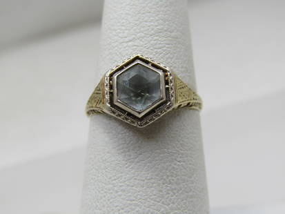 14kt Art Deco Aquamarine Engagement Ring, Sz. 6.5: Title:14kt Art Deco Aquamarine Engagement Ring, Sz. 6.5 Description:14kt Art Deco Aquamarine Engagement Ring, Sz. 6.5. 14kt White gold. Art Deco, age appx. 1920's. This is a six-sided pale blue aquama