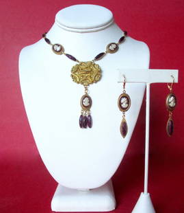 Antique Jewelry Set: Hand-Painted Glass Cameo & Brass Necklace With Earrings: Antique Glass Cameo Jewelry Set: Necklace With Matching Earrings Circa. 1920 American New-old stock This wonderful antique jewelry set has never been previously sold.....or worn! In absolute pristine