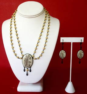 Vintage Jewelry Set: Glass Cameo Pendant/Necklace With Matching Earrings/Boho/: Vintage Jewelry Set: Vintage Glass Cameo Necklace With Glass Beads & Matching Glass Cameo Earrings Circa. 1990 American Large oval beige glass cameo of a maiden with birds Faceted beige glass beads wi
