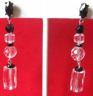 Pair of Vintage French Jet & Crystal Earrings: Pair of French Jet, Czech Crystal and Stainless Steel Earrings Circa. 1930 American French jet and clear Czechoslovakian crystal on silver wires. The stainless steel post top is a new replacement. Eac