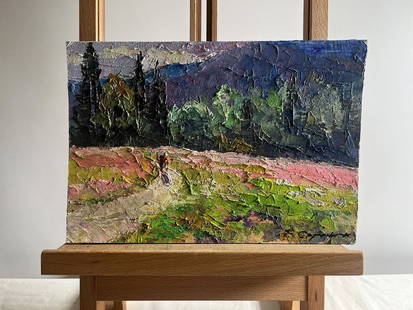 Oil painting Flowery mountain meadows Boris Serdyuk: â„–AAA3741 The oil painting on cardboard, titled "Flowery Mountain Meadows", captures the breathtaking beauty of an alpine landscape in full bloom. The artist employs thick, expressive brushstroke
