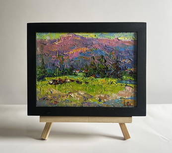 Oil painting Mountains bathed in summer sun Alex Kalenyuk: &#8470;AAA4123 This oil painting canvas, titled "Mountains bathed in summer sun", the artist employs a dynamic palette, blending lush greens, deep purples, soft pinks, and warm golden tones to create