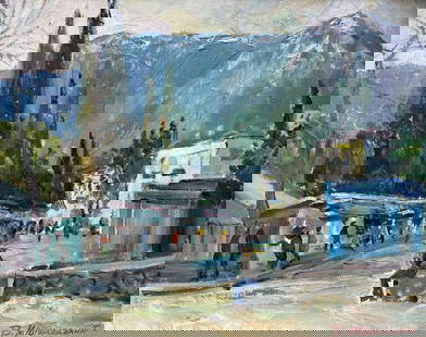 Oil painting City streets V. Mishurovsky: &#8470;286 In "City Streets," Viktor Myshurovsky presents a bustling yet tranquil scene of a town nestled at the foot of a mountain range. The painting captures the essence of daily life in a small ci