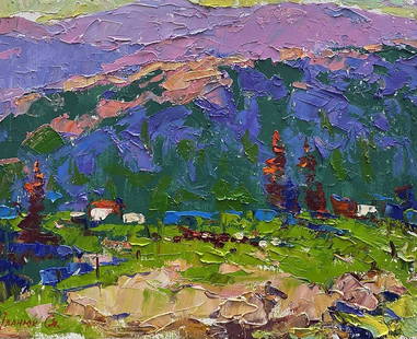 Oil painting Sunny day in the mountains Alex Kalenyuk: &#8470;Kalen 1388 "Sunny Day in the Mountains" is a vibrant and richly textured painting that captures the breathtaking beauty of a mountainous landscape bathed in sunlight. The artist employs a bold