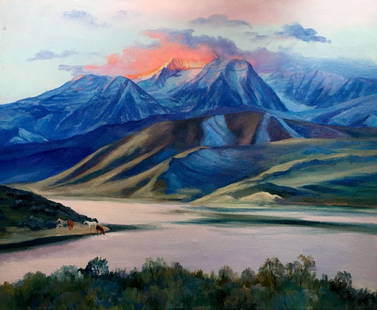 Oil painting Sunset behind the mountains Serdyuk Boris Petrovich: &#8470;AAA2605 *** ABOUT THIS PAINTING *** * TITLE: "Sunset behind the mountains" * ARTISTS: Serdyuk Boris Petrovich * SIZE: 50x40 cm/'19.68x15.74 inches' * MEDIUM: oil, canvas * HAND PAINTED: Origina