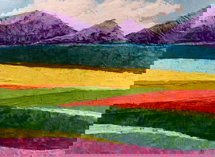 Oil painting Sunny day Zadorozhnya V. V.: &#8470;AAA2607 This oil painting portrays a breathtaking landscape scene set in summertime. The background is dominated by majestic gray mountains that stretch upwards into the sky, creating a dramati
