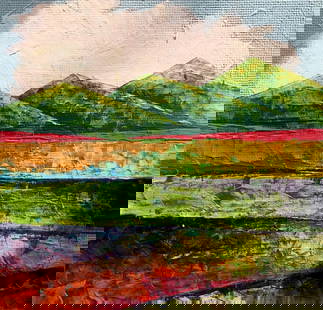 Oil painting In the summer mountains Zadorozhnya V. V.: &#8470;AAA2613 The oil painting captures a serene summer landscape, set against a majestic mountain backdrop. The lush green mountains rise high, standing tall and proud, while behind them, fluffy clo