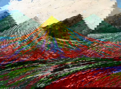 Oil painting In the mountains Zadorozhnya V. V.: &#8470;AAA2641 The oil painting depicts a breathtaking summer landscape, with the majestic silhouette of big green mountains looming in the background. The artist has skillfully captured the essence o