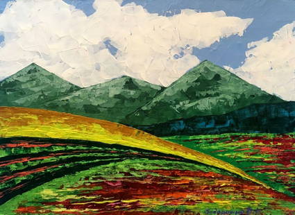 Oil painting Summer in the mountains Zadorozhnya V. V.: &#8470;AAA2642 This oil painting depicts a stunning landscape of big, verdant green mountains in the background, which are majestically towering over the horizon. The sky above the mountains is adorne