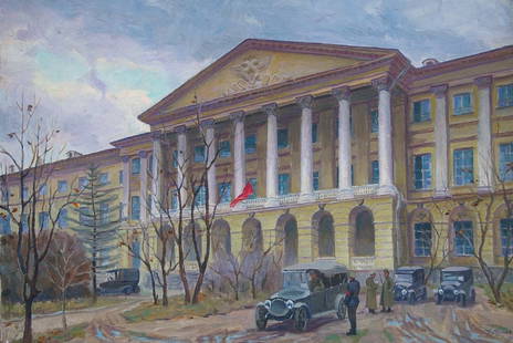 Oil painting Administrative building Yarmak P: Pol 82 *** ABOUT THIS PAINTING *** * TITLE: "Administrative building" * ARTISTS: Yarmak P * SIZE: 70x100 cm/'27.55x39.37 inches' * MEDIUM: oil, canvas * HAND PAINTED: Original painting from our collec