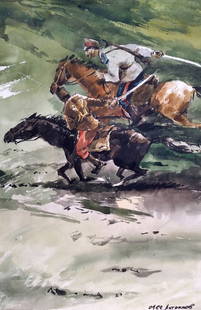 Social realism watercolor painting Horseman Litvinov Oleg Arkad'yevich: 1242AAA *** ABOUT THIS PAINTING *** * TITLE: "Horseman" * ARTISTS: Litvinov Oleg Arkad'yevich * SIZE: 29x42 cm/'11.41x16.53 inches' * MEDIUM: watercolor, gouache, paper * HAND PAINTED: Original painti