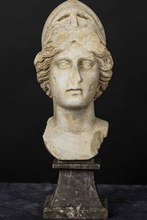 Head of Minerva in marble: Title: Head of Minerva in marble Date/Period:XVIII Materials: Marble Dimensions: 54x20x24cm Description:Ancient bust of Minerva in Greek marble with base in precious African marble. Reserve: $3,000.00