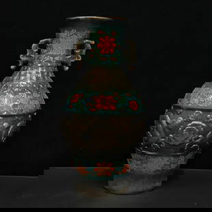 Antique Copper Glazed Carved Double Dragons Playing with Pearl with Colored Double-Handled Vase with: Title: Antique Copper Glazed Carved Double Dragons Playing with Pearl with Colored Double-Handled Vase with Qing Dynasty Yongzheng Reign Mark Description:Detailed conditions of the products are presen