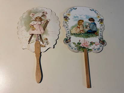 Two Advertising Hand Fans - Singer Sewing Machine & Dr. Stearns Colic & Cholera Remedy: Title: Two Advertising Hand Fans - Singer Sewing Machine & Dr. Stearns Colic & Cholera Remedy Description:Two advertising hand fans from the early 1900’s. Both are two-sided scalloped die cut cards