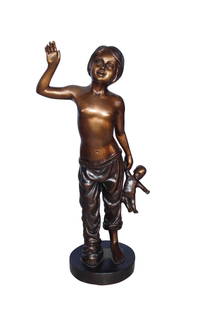 Young shirtless sleep walking girl bronze statue - Size: 8"L x 5"W x 16"H.: Title: Young shirtless sleep walking girl bronze statue - Size: 8"L x 5"W x 16"H. Description: Using a lost wax method and green patina finish, this bronze statue depicts a girl holding a baby dole. T