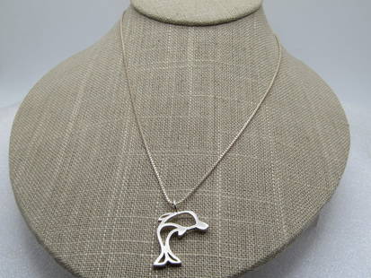 Vintage Sterling Dolphin Necklace, 17", 1980's-1990's, Signed: Vintage Sterling Dolphin Necklace, 17", 1980's-1990's, Signed M, marked .925 and Italy. The chain is a 17" , 1mm box chain with spring clasp. It and the pendant test as sterling with a combined