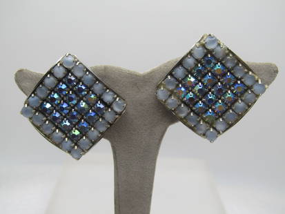 Vintage Moonglow & A.B. Clip Earrings, 1940's-1950's: Vintage Moonglow & A.B. Clip Earrings, 1940's-1950's. The earrings have four rows of blue auorora borealis rhienstones in the center with a frame of white to pale blue moonstone round prong-set stones