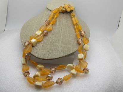 Vintage Yellow & A.B. Facet Beaded Necklace, 21", Double Strand,  1950's-1960's, Western Germany: Vintage Yellow & A.B. Facet Beaded Necklace, 21", Double Strand, Floral Box Clasp, 1950's-1960's, Western Germany. It has angled triangular yellow acrylic beads that are appx. 34" long and 5/8" wide w