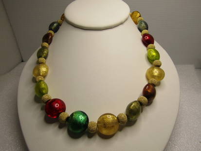 Sterling Gemtone Glitter Glass Beaded Necklace, 16", Signed Antica Murrina, Original Box, 1990's: Sterling Gemtone Glitter Glass Beaded Necklace, 16", Signed Antica Murrina, Original Box, 1990's, Heavy sterling silver nautical style spring clasp that is appx. 5/8". The beads are in blue, yellow, g