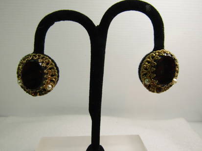 Vintage Glass Tortoiseshell & Rhinestone Earrings, Clip, Faux Pearls, W. Germany, 1950's: Vintage Glass Tortoiseshell & Rhinestone Earrings, Clip, Faux Pearls, W. Germany, 1950's, Oval, gold tone with a open scrolled rame with two faux pearls and a single brown glass rhinestone on the bott