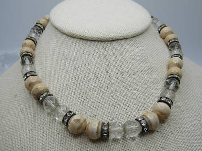 Vintage Faceted Crystal Beaded Necklace, Rondelles, 16", 1940's: Vintage Faceted Crystal Beaded Necklace, Rondelles, 16". This has a mix of what looks like a faux agate bead that is tan with markings on it. On closer inspection it looks like the beads having a shim