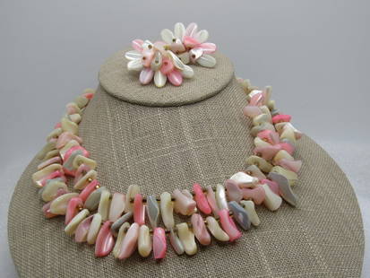 Vintage Blue  & White MOP Triple Strand Necklace, Japan, 1940's-1950's, the necklace is appx. 16": Vintage Pink & White MOP Double Strand Necklace & Earrings, Japan, 1940's-1950's, the necklace is appx. 16" long with a hook clasp where it is signed Japan. Pink and white mother of pearl nuggets drop