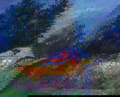 Oil painting Evening Boris Serdyuk: №SERB 1092 The oil painting titled "Evening" captures a serene and mysterious moment at dusk, where a modest house stands surrounded by lush vegetation and embraced by the deepening night. The h