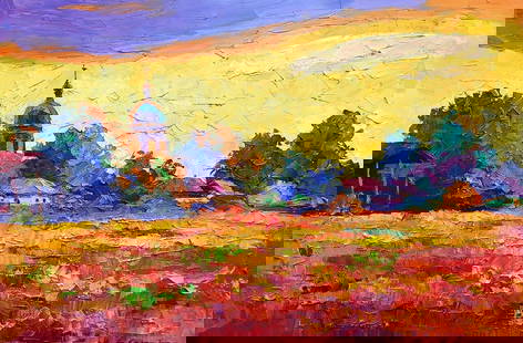 Oil painting Sunset over the village Boris Serdyuk: &#8470;SERB 1152 The painting "Sunset over the Village" is a vivid and emotional depiction of rural life at the end of a warm summer day. The artist uses a bold color palette to portray the transition
