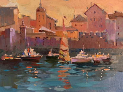 Oil painting Evening at the yacht club Yuriy Suprunchuk: №AAA3625 The painting "Evening at the Yacht Club" captures the enchanting atmosphere of a serene marina during the golden hours of the day. Painted in oil on cardboard, the artwork evokes warmth