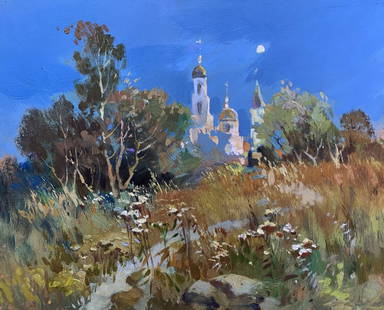 Oil painting The moonlight illuminates Yuriy Suprunchuk: â„–AAA3650 The painting "The Moonlight Illuminates" masterfully captures the serene and mystical atmosphere of a quiet evening, where the soft glow of the moonlight bathes the landscape in a gentl