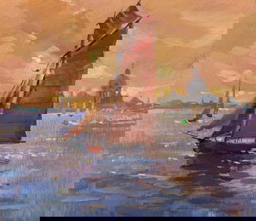 OIl painting Evening sailing on a sailboat at sea Yuriy Suprunchuk: &#8470;AAA3651 The painting "Evening Sailing on a Sailboat at Sea" captures a serene and picturesque moment as the sun sets, casting a warm, golden glow over the water. This oil on cardboard piece mas