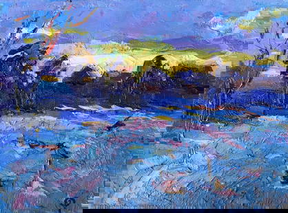 Oil painting Frosty evening Oksana Kalenyuk: №AAA3225 "Frosty Evening" is an expressive oil painting that captures the serene yet biting mood of a cold winter’s dusk. The artist’s use of impasto technique is evident in the thic