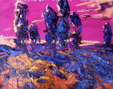 Oil painting Crimson distance Alex Kalenyuk: №AAA3227 "Crimson Distance" is an oil painting that conveys a rich, almost surreal landscape through a bold and intense use of color and texture. The artist’s impasto technique is on full
