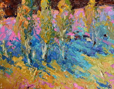 Oil painting Near young poplars Alex Kalenyuk: &#8470;AAA3277 The painting "Near Young Poplars" is an expressive and vividly colored oil on canvas piece that captures the vibrant and lively atmosphere of a landscape filled with young poplar trees.