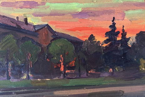 Oil painting Sunset in the city Peter Tovpev: &#8470;AAA3403 "Sunset in the City" is an evocative oil painting that captures the dramatic beauty of a cityscape at sunset. The artist uses a rich palette and expressive brushstrokes to convey the vi