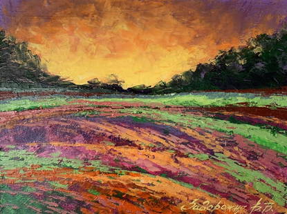 Oil painting Sunset behind the forest V. Zadorozhnya: &#8470;AAA3483 The painting titled "Sunset Behind the Forest" is a striking depiction of nature's vibrant transformation during the fleeting moments of twilight. Created with oil on cardboard, this pi