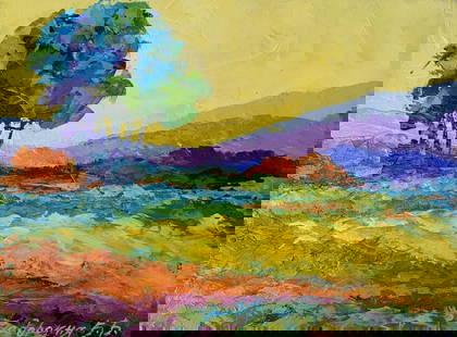 Oil painting Sunset is approaching V. Zadorozhnya: &#8470;AAA3492 The painting "Sunset is Approaching", created with oil on cardboard, is a vivid celebration of nature&#8217;s transformation during the golden hour. The artwork captures the quiet momen