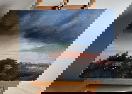 Oil painting Northern Lights over the village Tatyana Derdey: &#8470;AAA3662 "Northern Lights Over the Village" is a mesmerizing oil painting on canvas that captures the ethereal beauty of twilight over a quiet rural landscape. The artist skillfully plays with c
