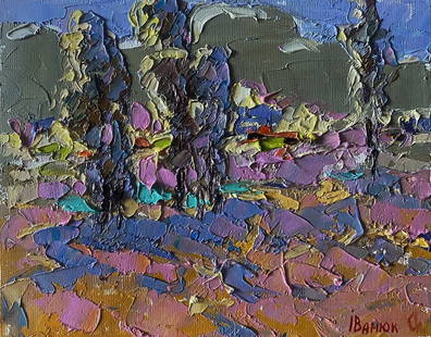 Oil painting Village field Alex Kalenyuk: &#8470;Kalen 1436 The painting "Village Field" presents a stunning landscape scene rendered with thick, textured brushstrokes in oil paint on canvas. The composition captures the essence of a rural fi