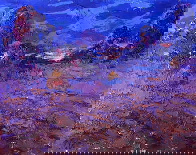 Oil painting Cold evening Kalenyuk Alex: &#8470;AAA3062 "Cold Evening" is a captivating oil painting that skillfully captures the essence of a serene summer landscape. The canvas transports the viewer to a tranquil countryside scene, where n