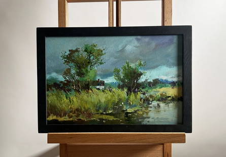 Oil painting On the outskirts of the village Yuriy Suprunchuk: AAA4199 The painting titled "On the outskirts of the village" presents a picturesque rural scene that captures the essence of solitude, nature, and the simple life on the edge of a small settlement. T