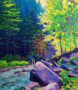 Oil painting Mountain gorge Boris Serdyuk: SERB 1095 The oil painting "Mountain Gorge" captures the stunning beauty of a remote mountainous landscape, where nature's raw and untamed charm takes center stage. The composition is dominated by tow