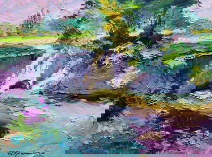 Oil painting Dam Boris Serdyuk: SERB 1112 The painting titled "Dam" depicts a peaceful countryside scene featuring a stone dam with two archways that allow water to flow underneath. The dam, painted in soft shades of gray, purple, a