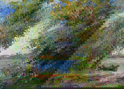 Oil painting On the shore Boris Serdyuk: SERB 1139 The painting "On the Shore" depicts a peaceful riverside scene, where nature embraces the calm waters of a river or lake. The composition is framed by two lush trees, their branches creating