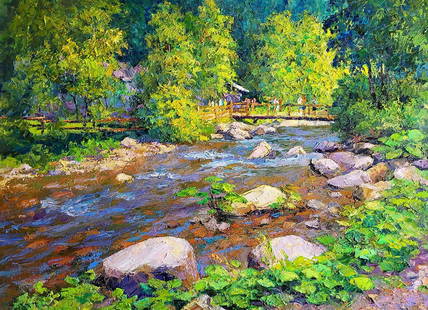 Oil painting April morning at the temple Boris Serdyuk: SERB 1161 The painting "Clean Stream" captures the serene and picturesque beauty of a mountain stream flowing through a lush, green landscape. The crystal-clear water of the stream sparkles under the