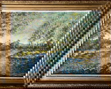 Oil painting Summer day Shapoval Ivan Leontyevich: AAA2988 "Summer Day" is an exquisite oil painting that captures the tranquil beauty of a serene landscape. The canvas portrays a picturesque river that winds its way through the scene, reflecting the