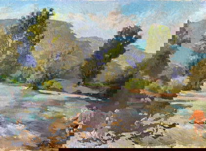 Oil painting Summer Batrakov Vladimir Grigorievich: AAA2022 "Summer" is an oil painting that captures the essence of summertime. A mountain river can be seen winding through lush, green trees and wooded mountains. The river rapids add a touch of excite